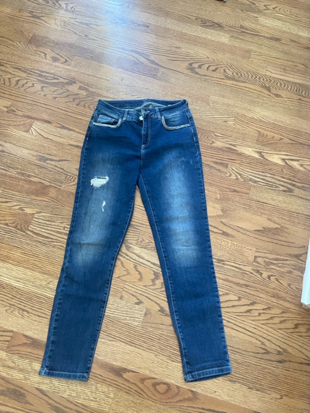 Fab’rik Skinny Jeans Size 28 Dark Wash Braided Pocket Detail Distressed Denim